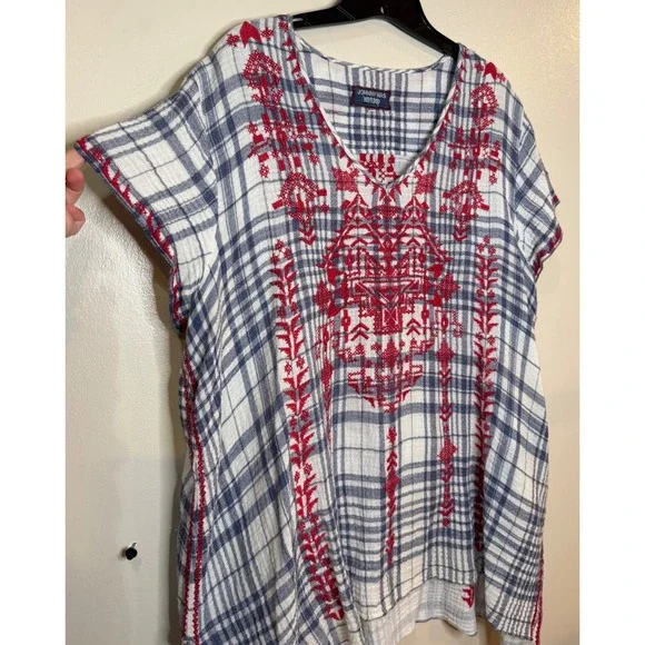 Johnny Was Workshop Misha Drape Plaid Embroidered Tunic Top Blue Red XL - Picture 5 of 9